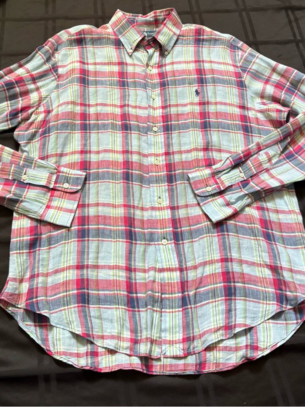 Polo Ralph Lauren Shirt Mens Large Plaid Linen Button Down VTG Classic Fit